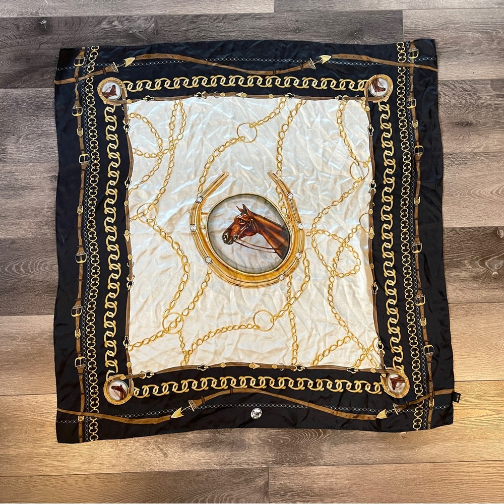 100% Silk BELMONT Equestrian Western Fringe Brand Scarf Natural 35”x35”